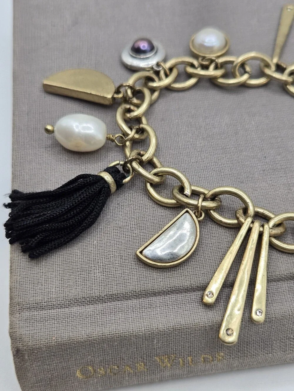 Goldtone Lucky Brand Chunky Charm Bracelet Brutalist Freshwater pearl 8.25